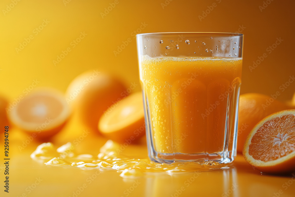 A freshly squeezed glass of orange juice, isolated on a pastel yellow background, symbolizing the start of a fresh day, A freshly squeezed glass of orange juice, isolated on a pastel yellow background, symbolizing the start of a fresh day,