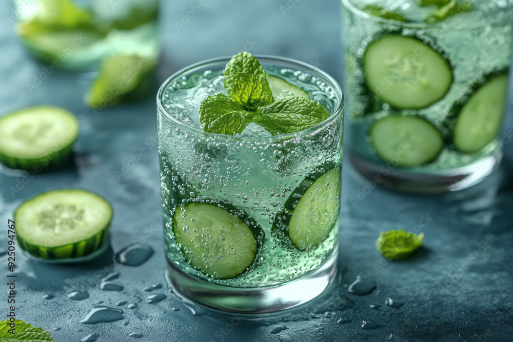 A frosty mint and cucumber drink, isolated on a pastel blue background, perfect for cooling down on a warm day,