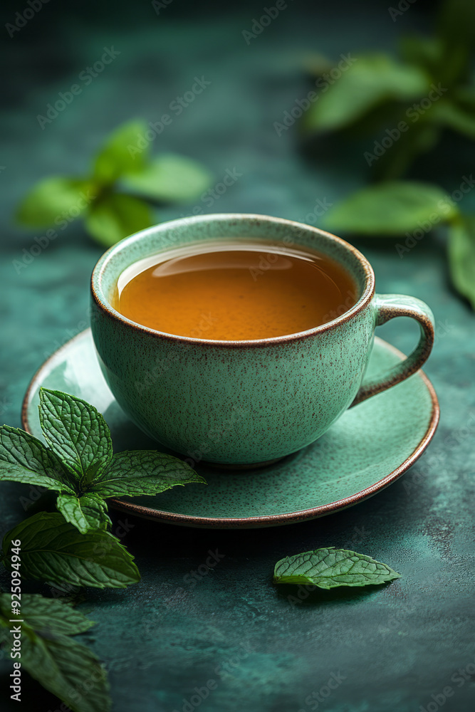 A freshly brewed cup of green tea, isolated on a pastel mint background, representing a moment of pure, calming freshness, A freshly brewed cup of green tea, isolated on a pastel mint background, representing a moment of pure, calming freshness,