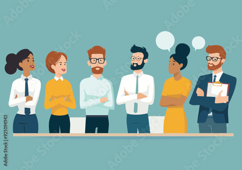 Business Team Presentation with Leader Illustration: Group Learning, Education Concept, Professional Collaboration, Minimalist Design, Teamwork in Corporate Environment, Flat Vector Art