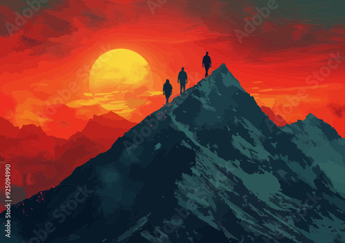 Business leaders pushing towards new goals, reaching the summit of success during sunset, minimalistic vector illustration depicting teamwork, ambition, and the journey to the top