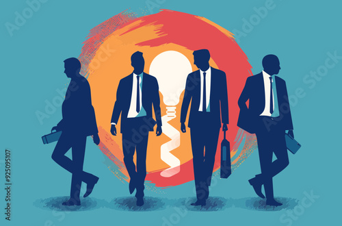 Business Leaders Walking Towards Success, Vector Illustration of Team Direction and Leadership, Minimalistic Design, Professional Businessmen in Suits