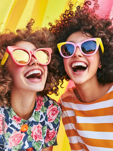 Joyful image of two young women with curly retro hairstyles and pastel sunglasses, laughing in a vibrant and colorful setting. 