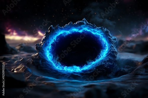 A glowing blue portal in a dark, fantastical landscape with a starry sky.