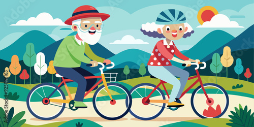Happy elderly couple ride bicycle. Seniors on an active holiday. Grandparents in helmets ride sports bikes outside
