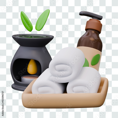 Set of 3D objects for spa salon. Aroma lamp, bottle with dispenser, wooden plate with rolled towels