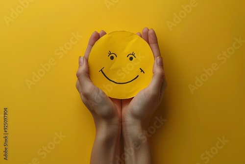 Two hands holding yellow paper smiley face on solid yellow background,generative ai