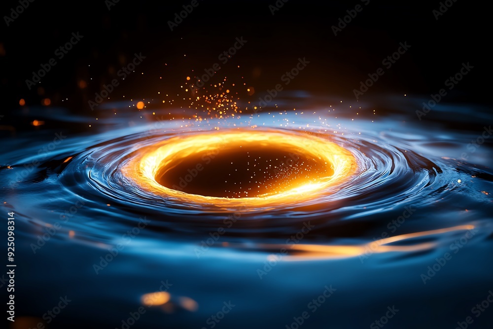 A glowing ring of light forms a vortex in a dark blue liquid, surrounded by ripples and particles. A glowing ring of light forms a vortex in a dark blue liquid, surrounded by ripples and particles.