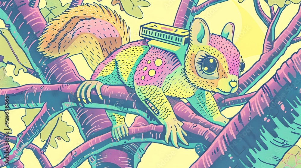 Illustrate a robot squirrel perched high in a tree canopy Illustrate a robot squirrel perched high in a tree canopy