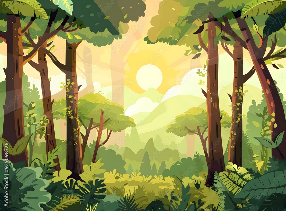 Fototapeta premium Forest Landscape with Sun Shining Through Trees