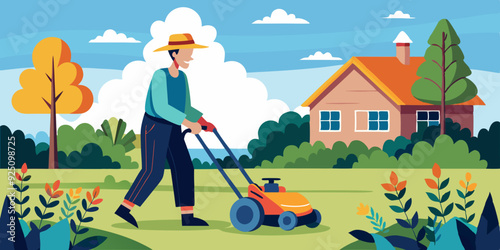 Man cuts the lawn with a lawn mower in the garden. Gardener. Vector illustration
