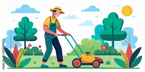 Man cuts the lawn with a lawn mower in the garden. Gardener. Vector illustration
