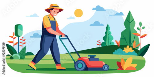 Man cuts the lawn with a lawn mower in the garden. Gardener. Vector illustration
