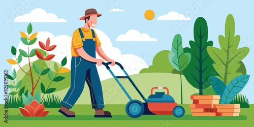 Man cuts the lawn with a lawn mower in the garden. Gardener. Vector illustration
