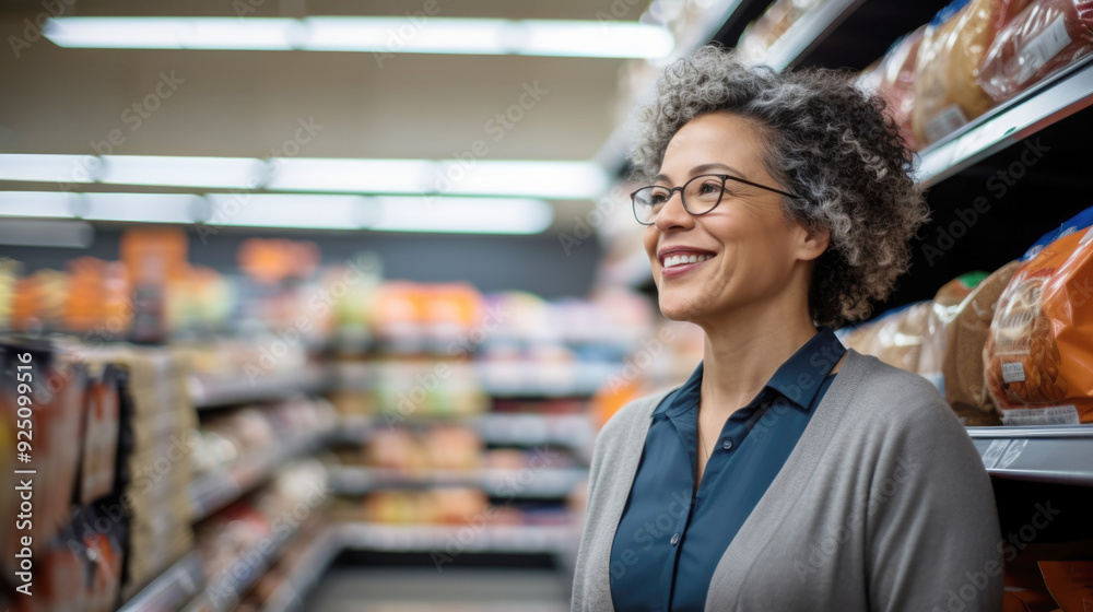Smiling middle age POC woman with curly hair in grocery store aisle, shopping experience Smiling middle age POC woman with curly hair in grocery store aisle, shopping experience