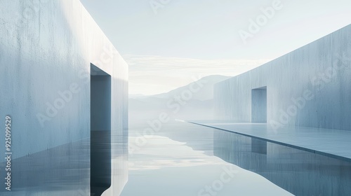 A long  narrow hallway with a large body of water in the middle