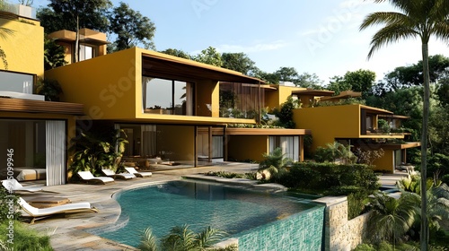 Modern Yellow House With Pool And Tropical Plants