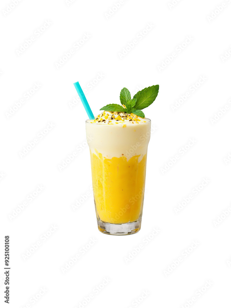 Mango milkshake tropical glass mango chunks passion fruit pulp mint leaf Mango milkshake tropical glass mango chunks passion fruit pulp mint leaf