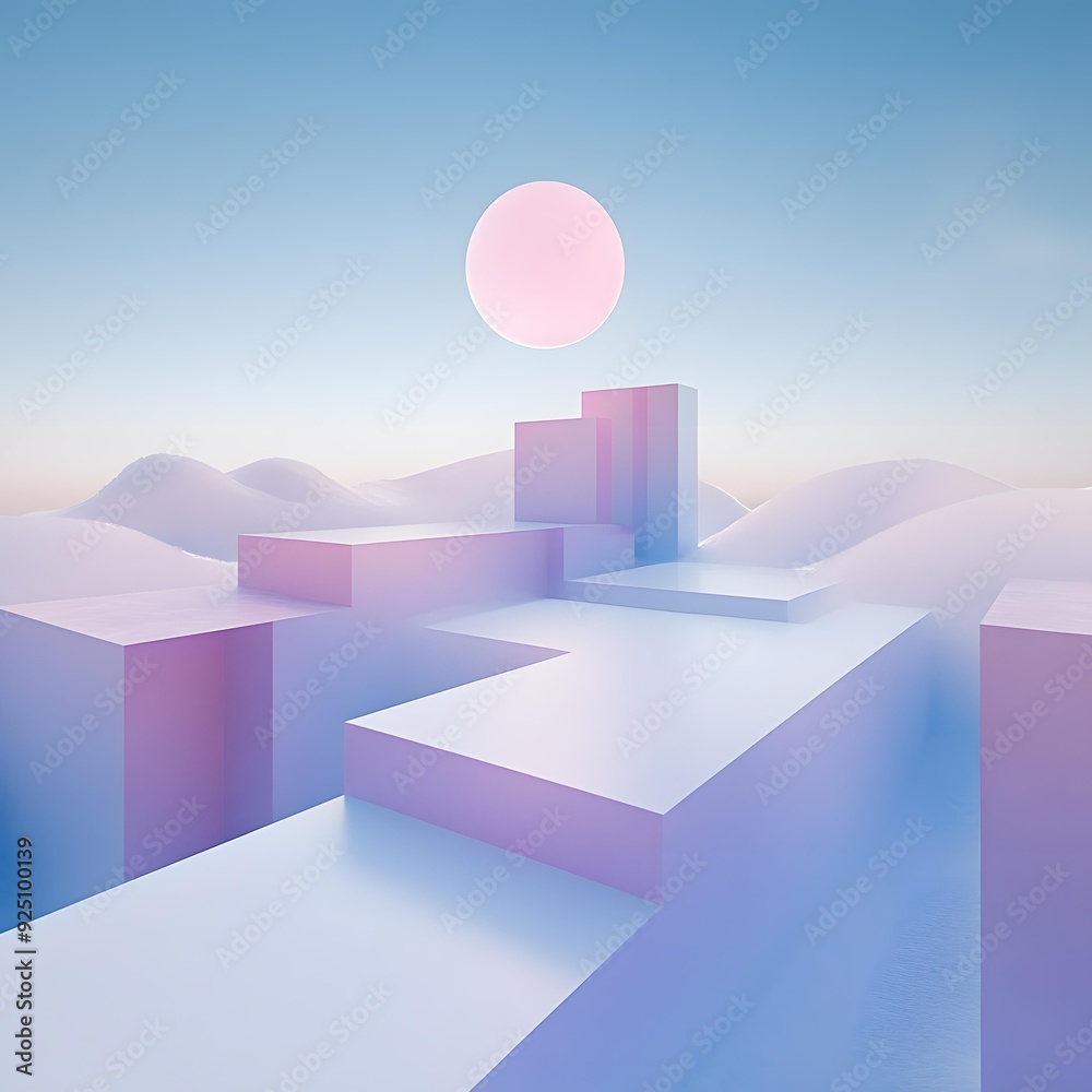 Fototapeta premium Abstract Geometric Shapes in a Dreamy Landscape with a Pink Sun