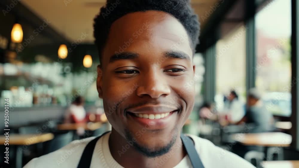 Black Waiter with Warm Smile in Small Business Black Waiter with Warm Smile in Small Business