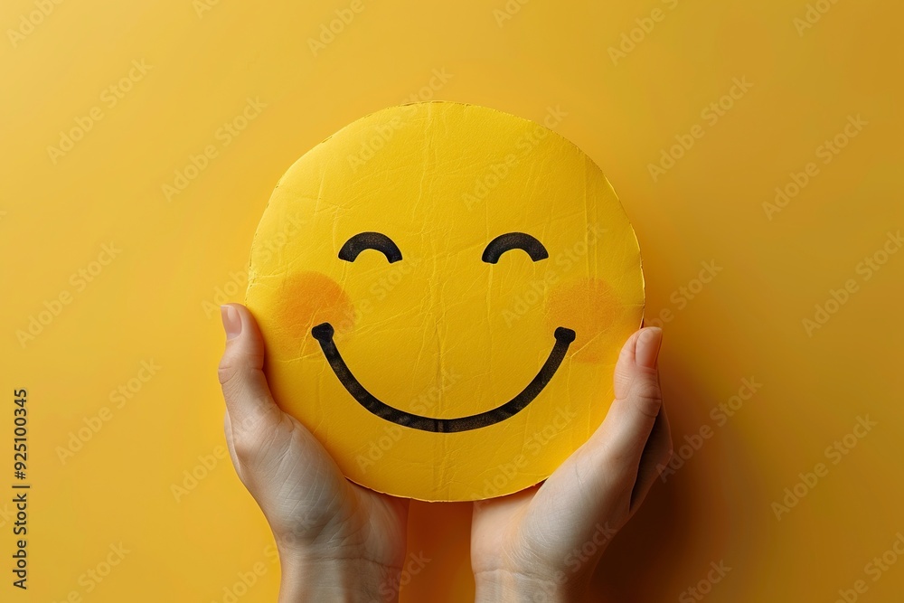 Two hands holding yellow paper smiley face on solid yellow background,generative ai Two hands holding yellow paper smiley face on solid yellow background,generative ai
