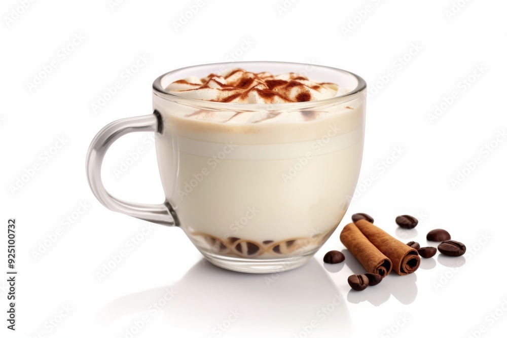 A clear glass cup filled with creamy cappuccino, topped with whipped cream and a cinnamon sprinkle, with cinnamon sticks and coffee beans beside it. A clear glass cup filled with creamy cappuccino, topped with whipped cream and a cinnamon sprinkle, with cinnamon sticks and coffee beans beside it.