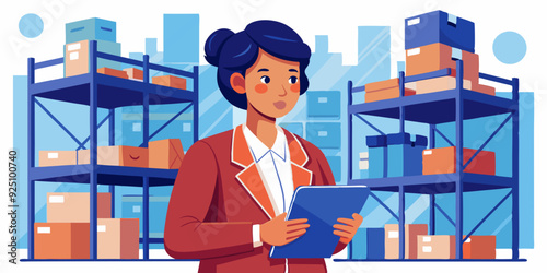 Woman warehouse manager with a tablet in her hands against the background of racks with goods. Vector illustration

