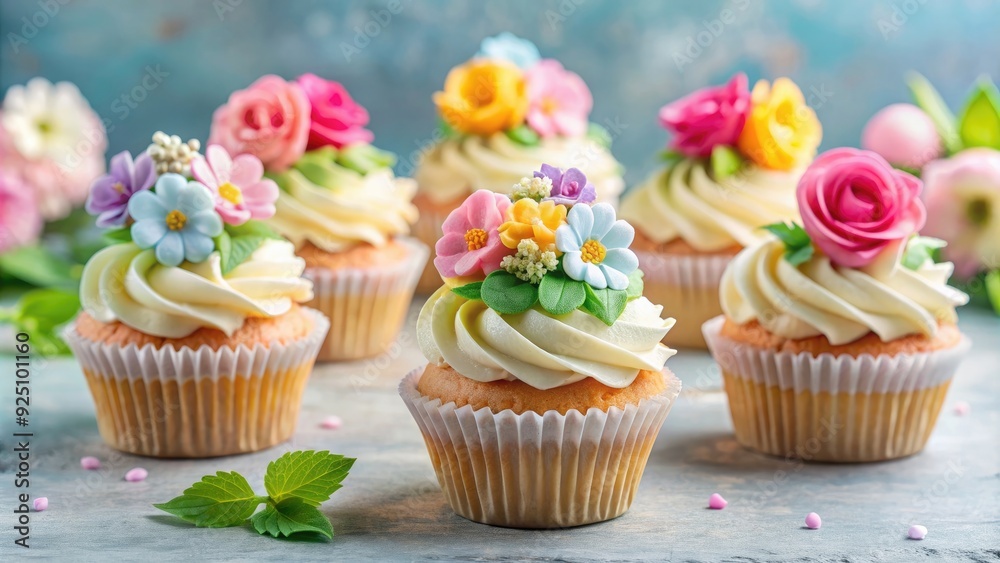 Cupcakes decorated with cream and sugar flowers for a spring birthday celebration, cupcakes, cream, sugar flowers Cupcakes decorated with cream and sugar flowers for a spring birthday celebration, cupcakes, cream, sugar flowers