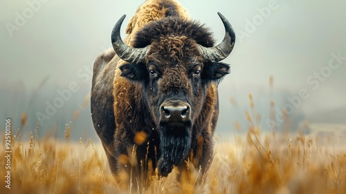 A majestic bison with curved horns stands confidently amidst a golden wheat field, photo