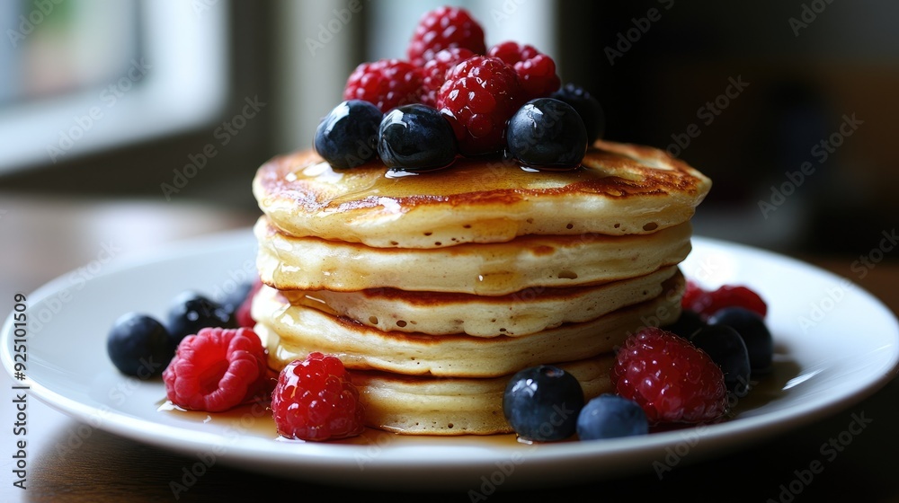 A delicious stack of fluffy pancakes topped with fresh berries and a drizzle of maple syrup A delicious stack of fluffy pancakes topped with fresh berries and a drizzle of maple syrup