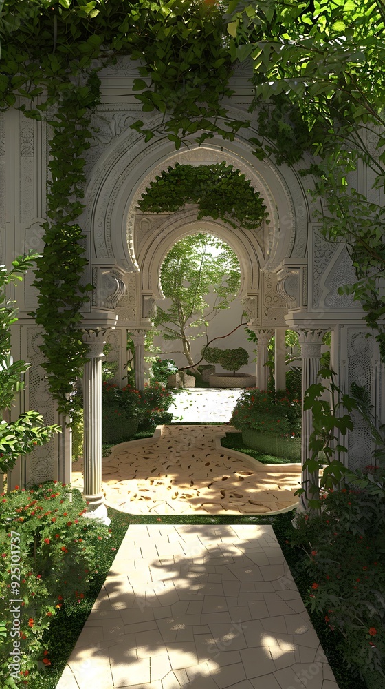 Fototapeta premium Stone Archway with Greenery in a Garden