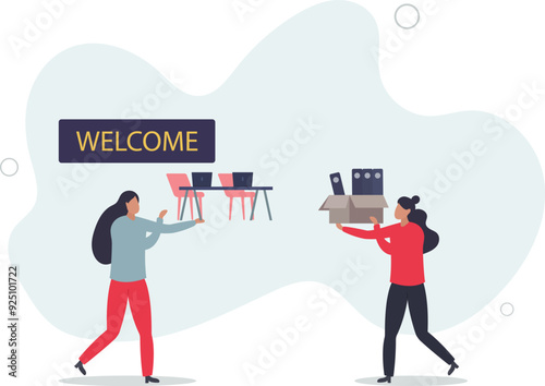 Onboarding and stepping into team as welcome new staff member .Greetings and welcome process into company .flat design with people.