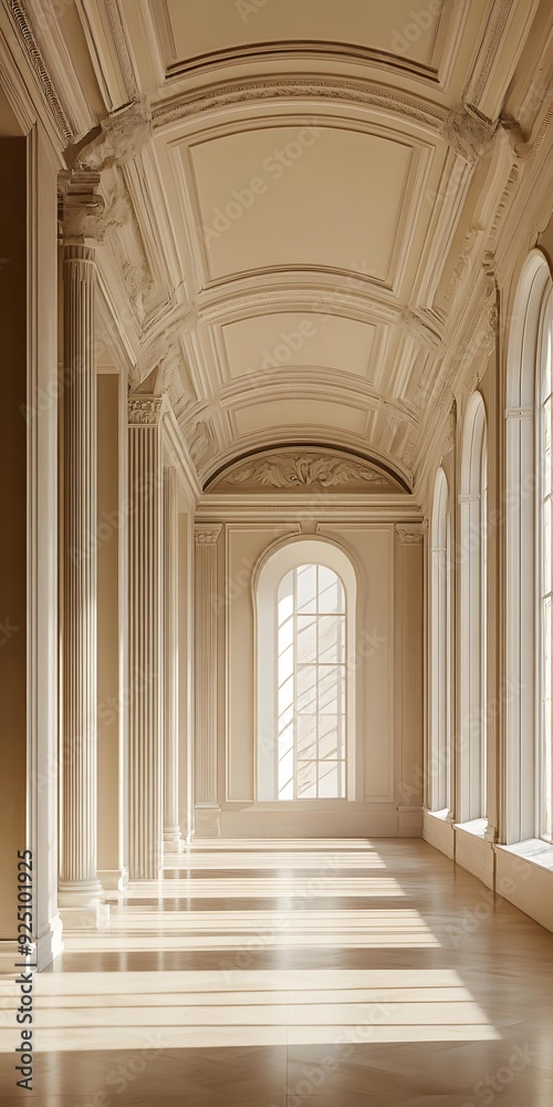 Obraz premium Classical Architecture Hallway with Sunbeams Streaming Through Windows