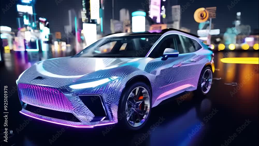 A futuristic car with luminous designs stands on a reflective surface at night, showcasing a vibrant urban landscape in the background A futuristic car with luminous designs stands on a reflective surface at night, showcasing a vibrant urban landscape in the background