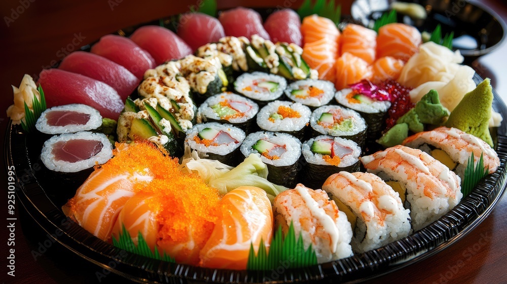 A platter of assorted sushi rolls and sashimi with wasabi and pickled ginger on the side A platter of assorted sushi rolls and sashimi with wasabi and pickled ginger on the side