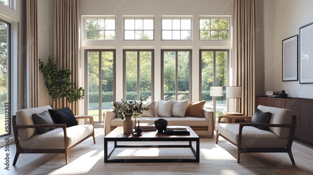 Fototapeta premium Beautifully staged living room in a new home with stylish furniture and large windows
