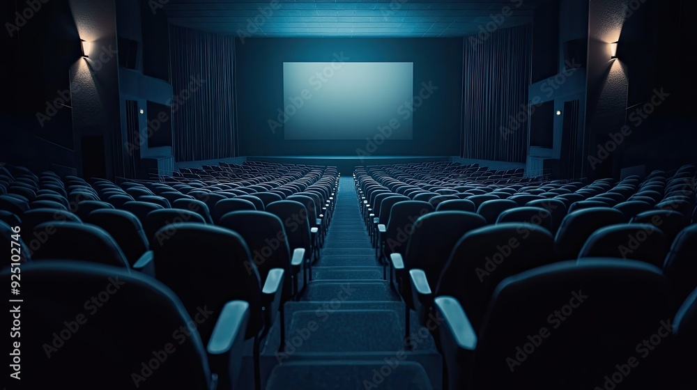 Cinema interior with rows of empty seats and a dark movie screen, ready for showtime Cinema interior with rows of empty seats and a dark movie screen, ready for showtime
