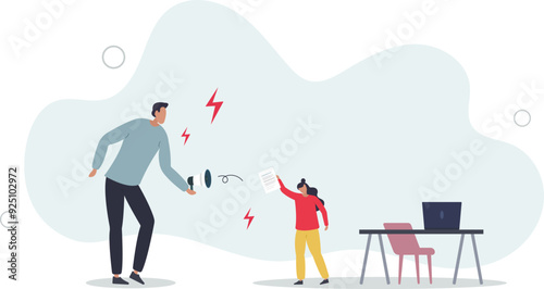 Workplace bullying and mental harassment from boss.Conflict and bully behavior to female victim.flat design with people.