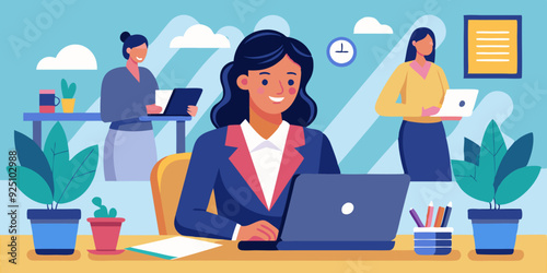 Business woman at desktop. Office employee working on a laptop, group corporate chat and checking mail
