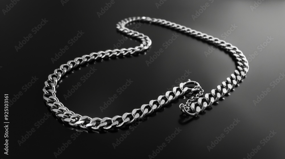 Elegant photo of a sleek silver chain, showcased against a dark black background, highlighting its shiny and polished surface, great for fashion and accessories themes. Elegant photo of a sleek silver chain, showcased against a dark black background, highlighting its shiny and polished surface, great for fashion and accessories themes.