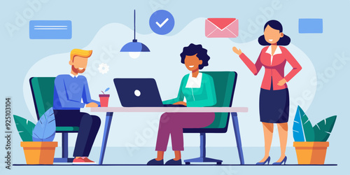 Business woman at desktop. Office employee working on a laptop, group corporate chat and checking mail
