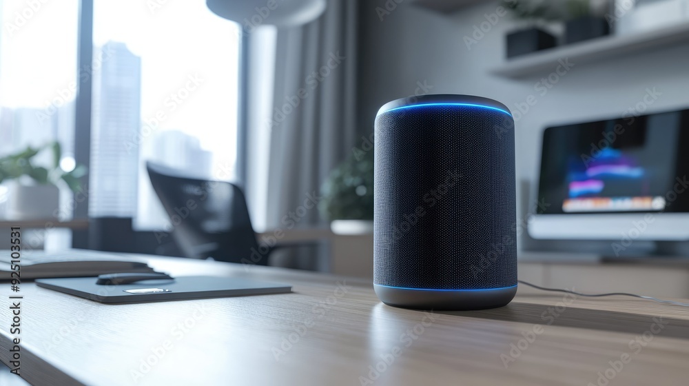 Close-up of a futuristic smart speaker on a clean desk, sleek design and no clutter Close-up of a futuristic smart speaker on a clean desk, sleek design and no clutter