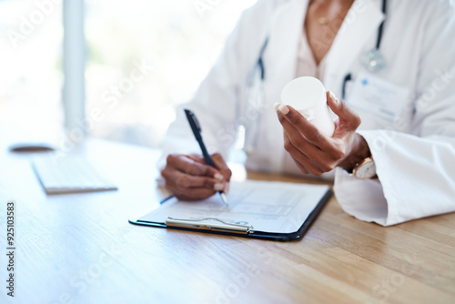 Hands, prescription form and pills in hospital for healthcare, wellness and health in clinic. Medicine, medication and woman physician with drug, container and document for dispensary treatment