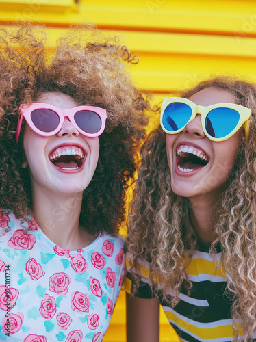 Vibrant image of two young women with curly, retro-inspired hair and pastel-colored sunglasses, laughing with delight. Their casual outfits adorned with pink roses and yellow stripes complement the li photo