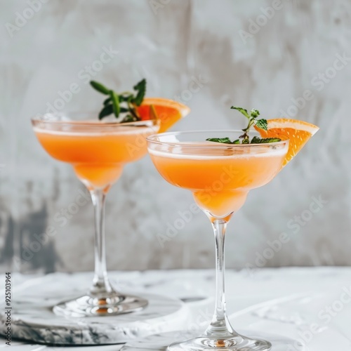 Fresh cocktails with citrus garnishes served on a marble countertop during a relaxed summer gathering