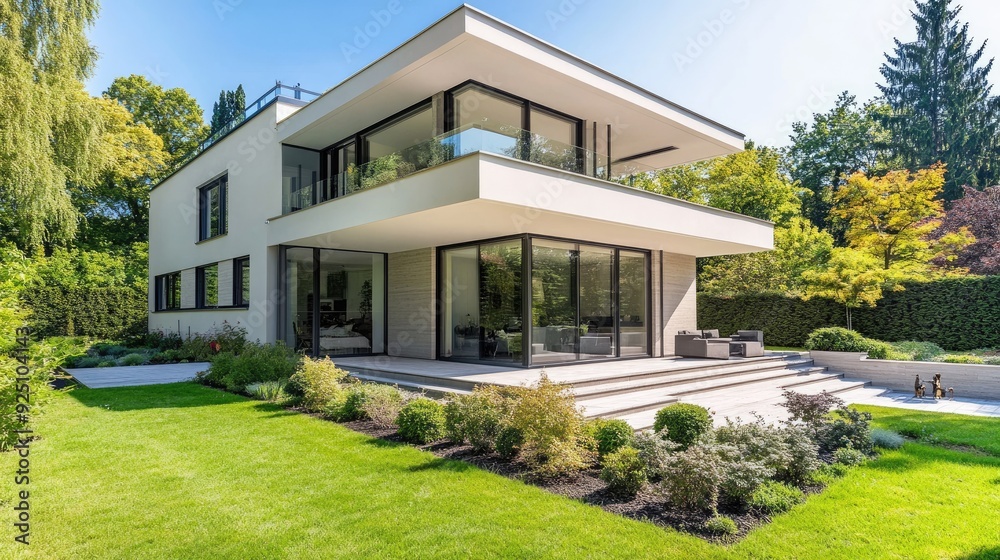 Contemporary real estate property with a clean exterior, landscaped garden, and modern design Contemporary real estate property with a clean exterior, landscaped garden, and modern design