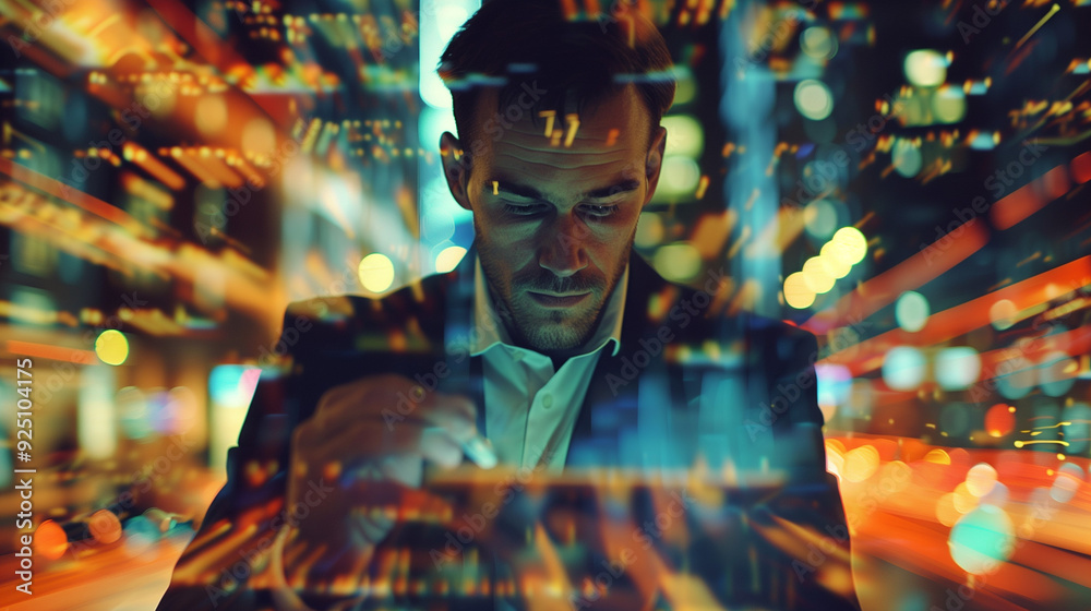 close-up of a businessman using a tablet to analyze large data sets in a high-stakes environment like the stock market , showcases the intense focus and speed of AI technology in data analysis