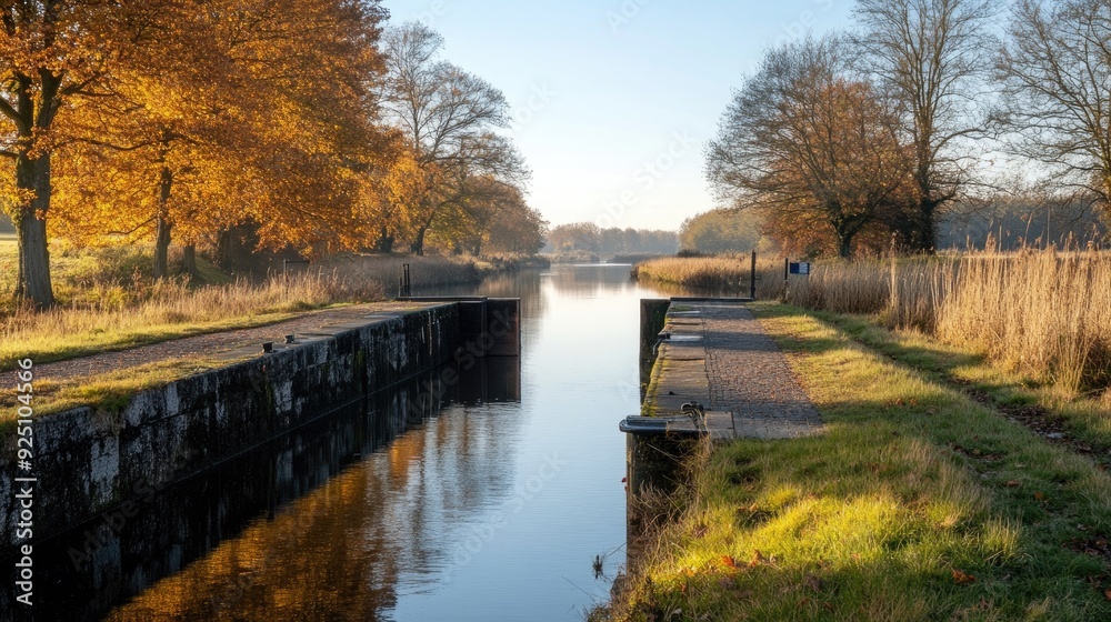 Deserted canal lock with no boats, calm waters, and clear day Deserted canal lock with no boats, calm waters, and clear day