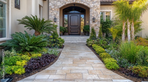 Elegant home entrance with a grand front door, stone pathway, and well-designed landscaping