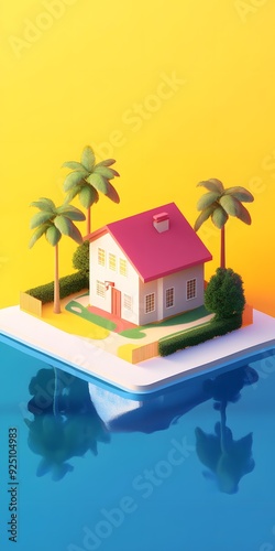 Minimalist 3D Illustration of a House with Palm Trees on a Small Island